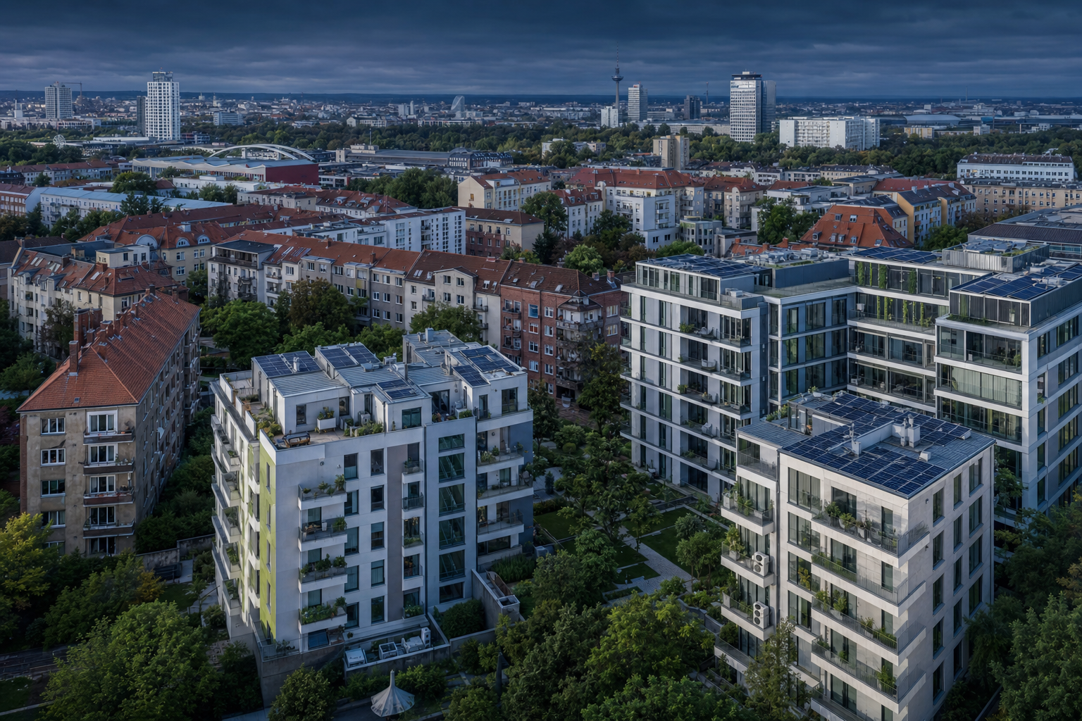 Aerial view of European urban building stock targeted for energy renovation under the EU Renovation Wave programme