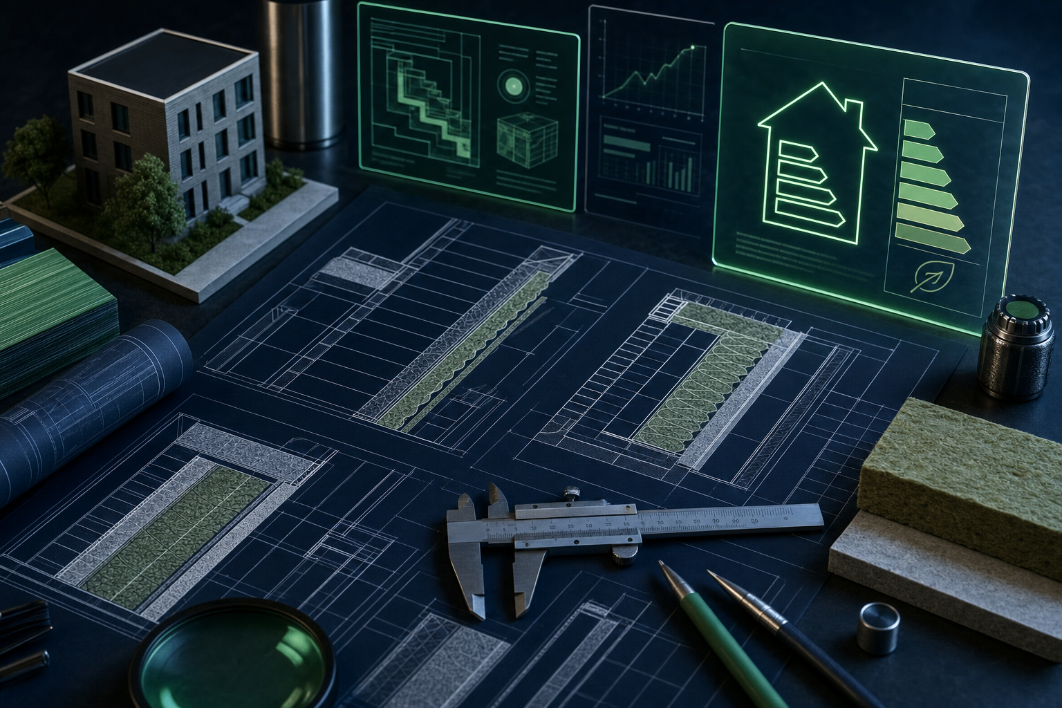 Engineering calculation instruments and architectural blueprints for building energy analysis
